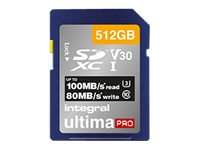 Integral UltimaPro - Carte mémoire flash - 512 Go - Video Class V30 / UHS-I U3 / Class10 - SDXC UHS-I INSDX512G-100/80V30